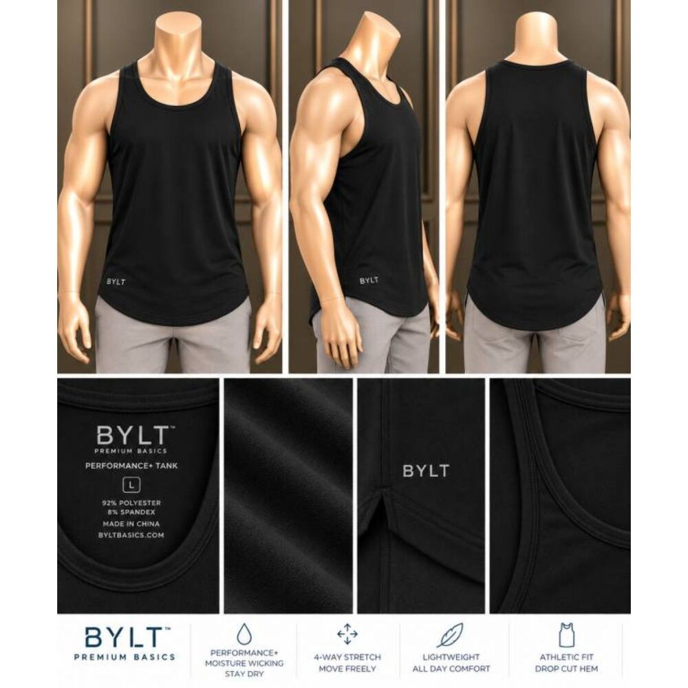 BYLT Men's Large Black Drop Cut Performance Tank Top
